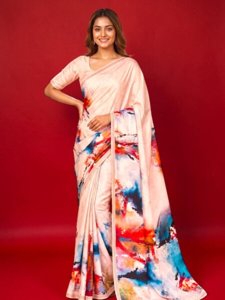 Women's Peach Abstract Printed Soft satin Saree with Unstitched Blouse Piece
