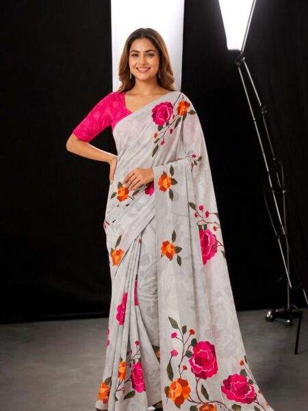 Women's Light Grey Floral Printed Soft Georgette Saree with Unstitched Blouse Piece