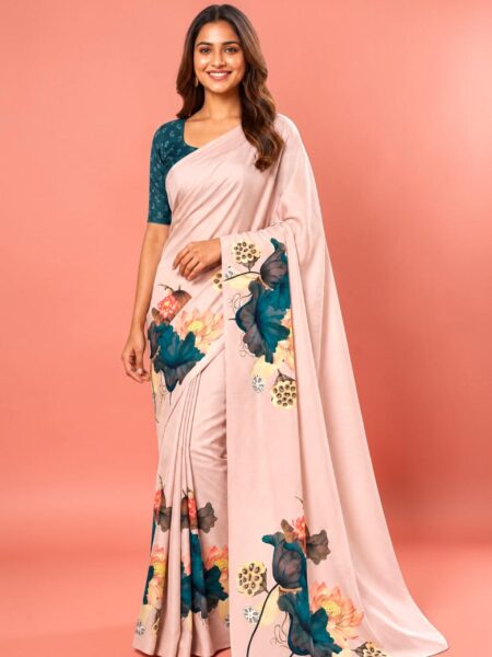 Women's Peach Floral Printed Soft Georgette Saree with Unstitched Blouse Piece