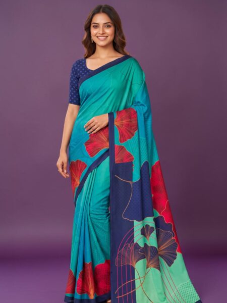 Women's Turquoise & Navy Blue Floral Printed Soft Georgette Saree with Unstitched Blouse Piece