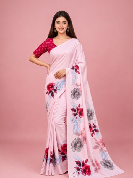 Women's Baby Pink Floral Printed Soft Georgette Saree with Unstitched Blouse Piece