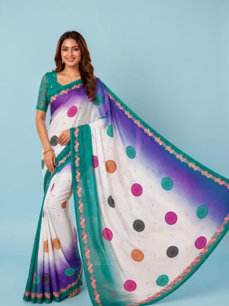 Women's White, Teal Green & Purple Printed Soft Georgette Saree with Unstitched Blouse Piece