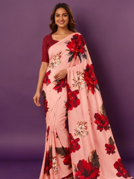 Women's Peach Floral Printed satin Saree with Unstitched Blouse Piece