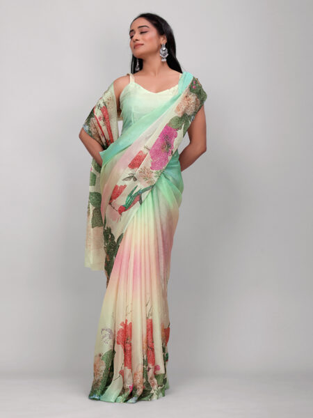 Women's Floral Printed satin Saree with Unstitched Blouse Piece – Cream