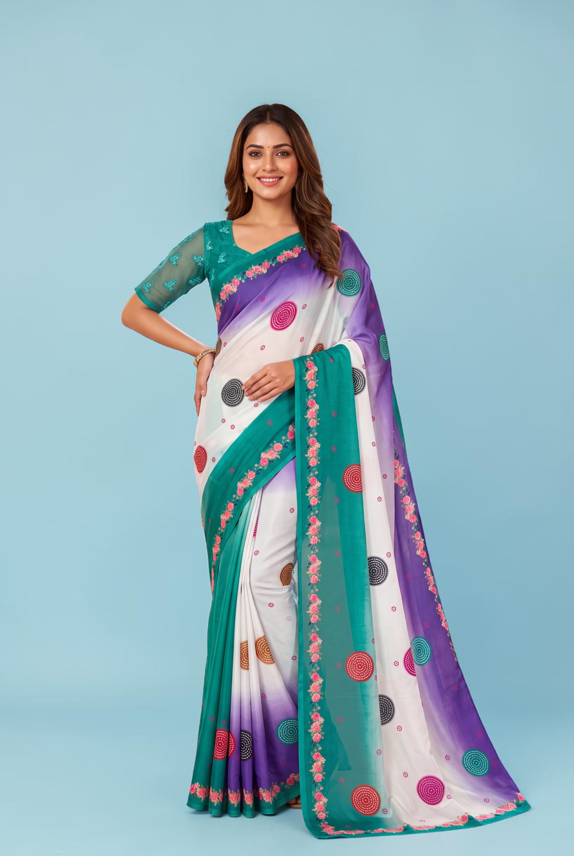 Women's White, Teal Green & Purple Printed Soft Georgette Saree with Unstitched Blouse Piece - Image 2