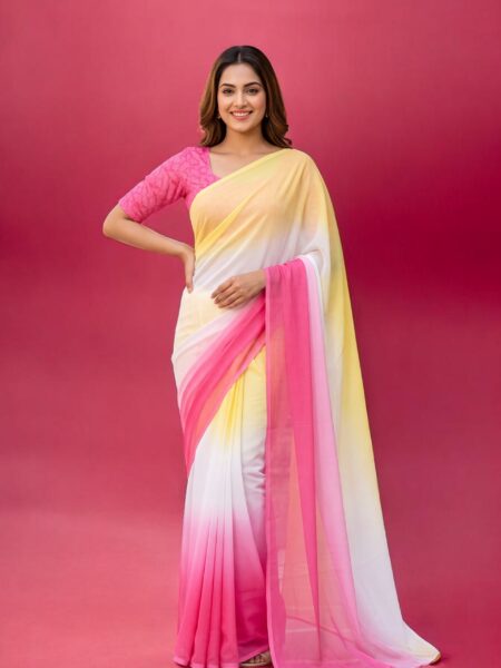 Women's Pink, White & Yellow Ombre Soft Georgette Saree with Unstitched Blouse Piece