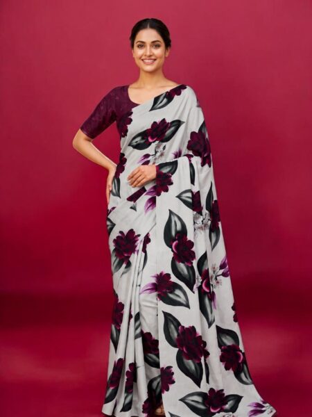 Women's White & Wine Floral Printed Soft Georgette Saree with Unstitched Blouse Piece