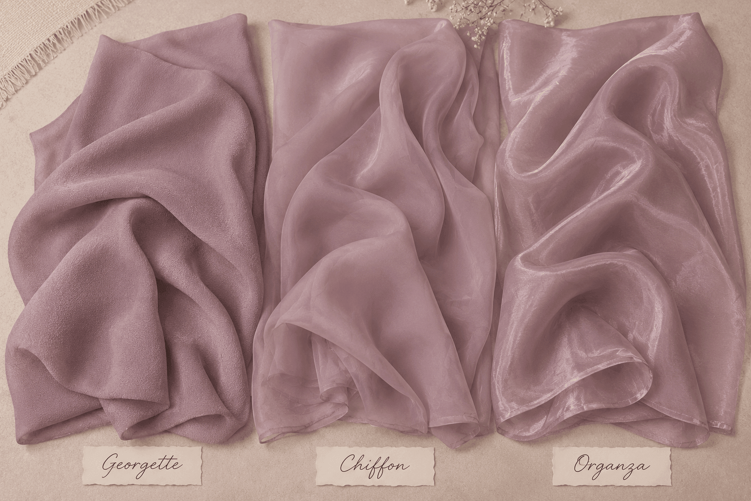 The same saree colour shown in georgette, chiffon and organza fabric side by side
