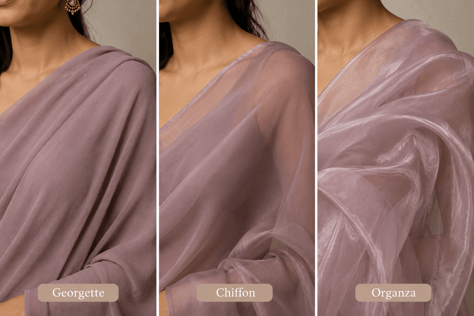 Close-up of georgette saree pallu draped on shoulder 